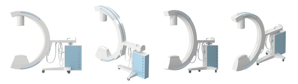 Modern C-arm medical imaging system on white background, multiple angles