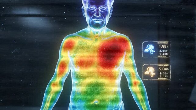Thermal body scan of adult male torso showing heat map details across chest and abdomen with medical diagnostic display overlay and futuristic imaging highlighting red hot spots chest and shoulder