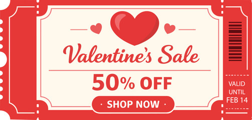 Valentine&rsquo;s day sale coupon ticket flat vector template