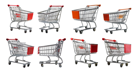 Variety of Shopping Carts in Different Positions and Angles, isolated on transparent background