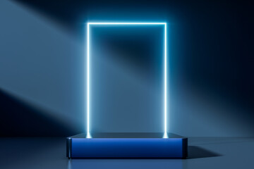 Dark luxury podium with glossy reflections and dramatic studio lighting on a minimalist background, ideal for premium product presentation, branding, and modern design, 3d rendering