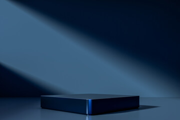 Dark luxury podium with glossy reflections and dramatic studio lighting on a minimalist background, ideal for premium product presentation, branding, and modern design, 3d rendering