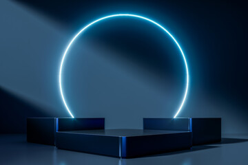 Dark luxury podium with glossy reflections and dramatic studio lighting on a minimalist background, ideal for premium product presentation, branding, and modern design, 3d rendering