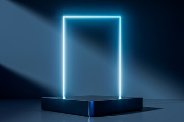 Dark luxury podium with glossy reflections and dramatic studio lighting on a minimalist background, ideal for premium product presentation, branding, and modern design, 3d rendering