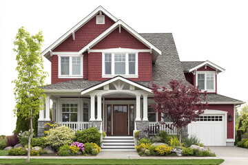 Red suburban house exterior with porch and garden, traditional architecture with white trim and gray roof, surrounded by green lawn and colorful plants, peaceful residential scene