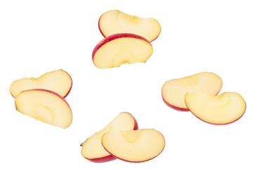 an artistic arrangement of red apple slices artfully displayed against a black void, offering a visually striking and refreshing aesthetic suitable for various creative and culinary applications.