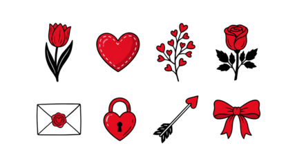 Valentine's Day romantic illustration set including heart, rose, tulip, lock, and arrow elements isolated. Hand drawn style love and wedding collection.
