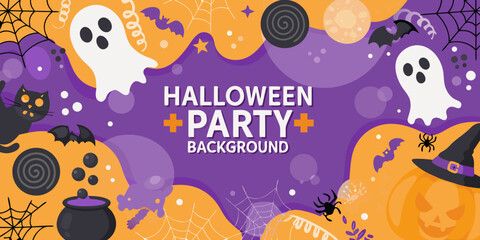 A colorful halloween party background with ghosts pumpkins and spooky elements