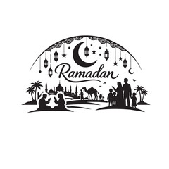 Ramadan Kareem Islamic Festival Vector Illustration with Mosque, Lanterns and Family Silhouette