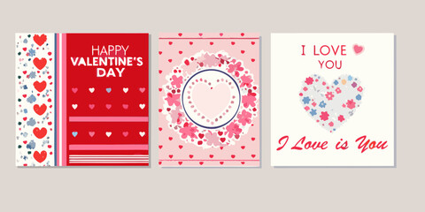 Three valentine s day cards with hearts and floral designs displayed together