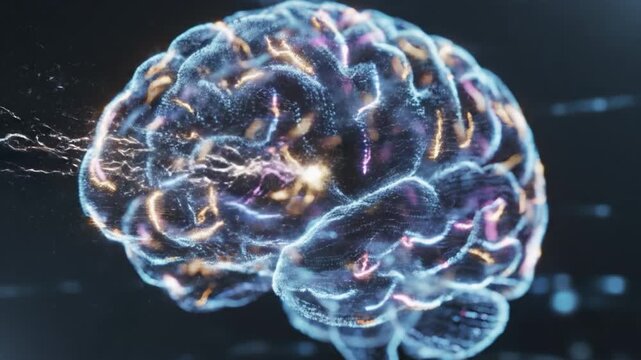 Neon digital brain illustration hologram with glowing neural network, neural pathways, synapse and neuron structures, glowing neon particle data conveying futuristic digital cognition