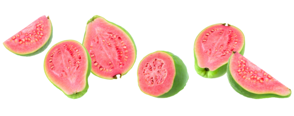 vibrant pink guava fruit, whole and sliced, showcasing its seeded flesh against a transparent background.