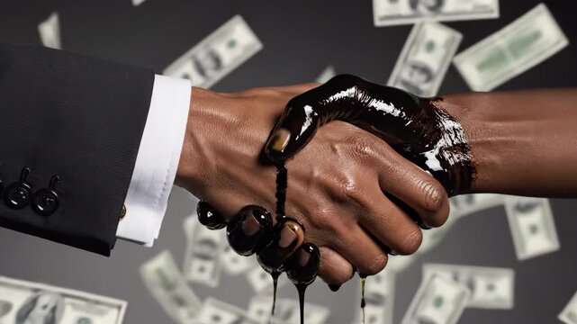 Adult businessmen shaking hands, one covered in dripping oil, with money falling around. Concept of corrupt deal