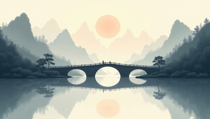 Serene mountain bridge at sunset