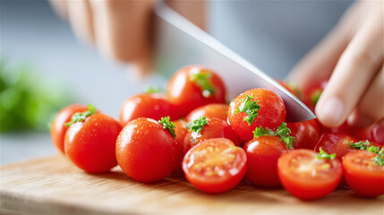 Close-up of hands slicing cherry tomatoes on a cutting board with a knife, fresh ingredients ready for cooking. Healthy meal prep, home kitchen routine and clean eating.