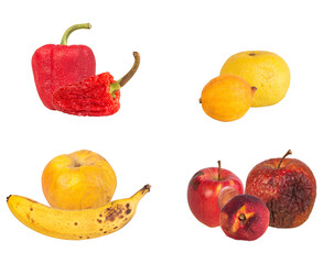 collection of slightly overripe and imperfect fruits: red bell pepper, chili pepper, lemons, banana, apple, and peach on transparent background.