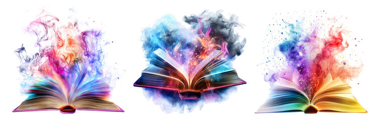 Colorful Books with Magical Effects and Vibrant Swirls of Light, PNG bundle collection, Isolated on Transparent Background