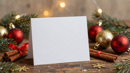 Blank Christmas card with festive decorations on wooden table