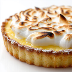Yuzu lemon custard tart macro, burnt tip meringue, sugary crust edges visible