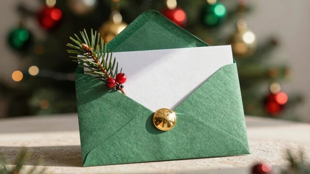 Open green envelope with evergreen sprig and Christmas tree