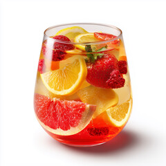 Zero-sugar kombucha glass with fruits floating detail, premium wellness drink branding layout
