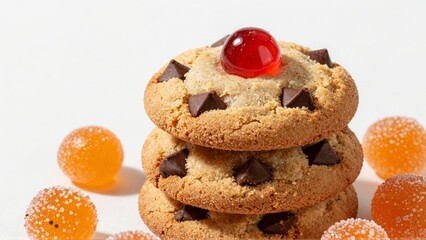 Stacked chocolate chip cookies with cherry and orange gummies