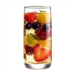 Zero-sugar kombucha glass with fruits floating detail, premium wellness drink branding layout