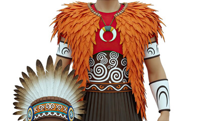 Warrior in traditional indigenous attire with feathered headdress and shield