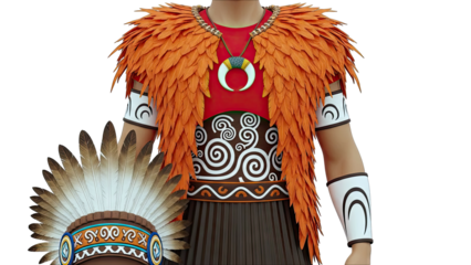 Warrior in traditional indigenous attire with feathered headdress and shield