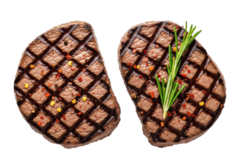 Two perfectly grilled, thick-cut beef steaks, prominent dark char marks, juicy, red pepper flakes, one with vibrant green rosemary, isolated on white with copy space. High-end gourmet food concept