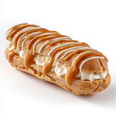 Thai tea aclair macro, caramel drip, crispy choux shell crack details