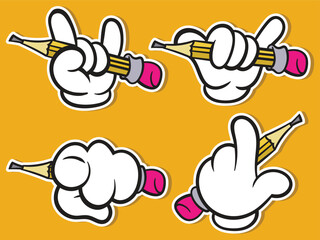 Set of Cartoon Gloved Hands Holding Pencil in Creative Gestures Vector Illustration