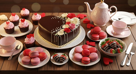 A beautifully decorated table with a chocolate cake and various sweet treats for a romantic occasion