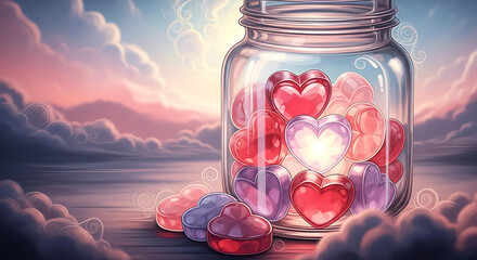 A whimsical illustration of a glass jar filled with colorful heart-shaped candies on a cloudy surface at sunset