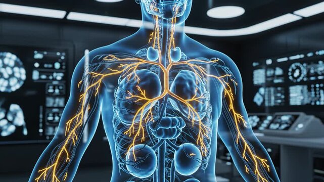 Human torso anatomical illustration showing nervous system pathways and internal organs clinical laboratory setting medical illustration of human upper torso glowing nerve pathway major arteries
