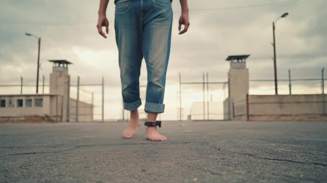 Prisoner with an electronic ankle monitor.