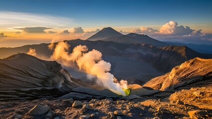 Smoking crater glows at sunrise with rugged volcanic terrain and distant peaks under dramatic sky