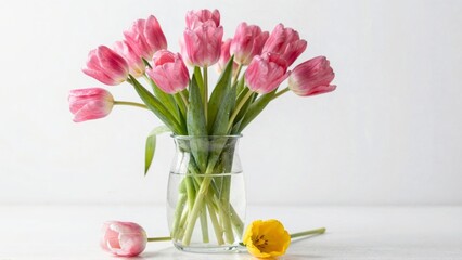 Pink tulips in glass vase with yellow tulip on table