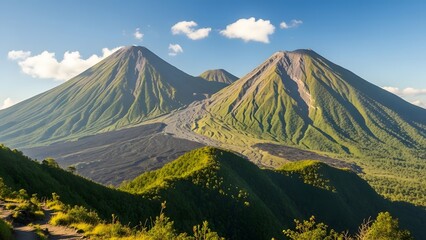 Twin Green Volcanoes Rise Above