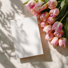 Pink Tulips Bouquet and Blank White Greeting Card Mockup on Marble Table