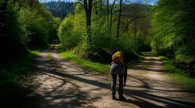 Man Walking Down Forest Dirt Road.