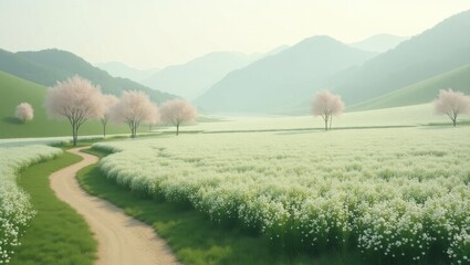 Serene path through blossoming meadow