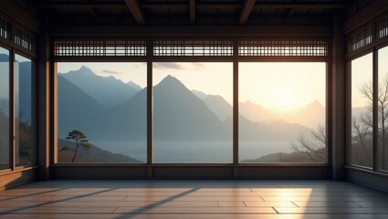 Traditional japanese room overlooking mountain landscape at sunrise