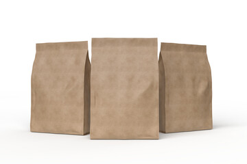 Naklejka premium Blank standing brown paper kraft pouch mockup, realistic flexible packaging isolated on background for product branding, food packaging design presentation snack wrappers, chips, cookies, organic food