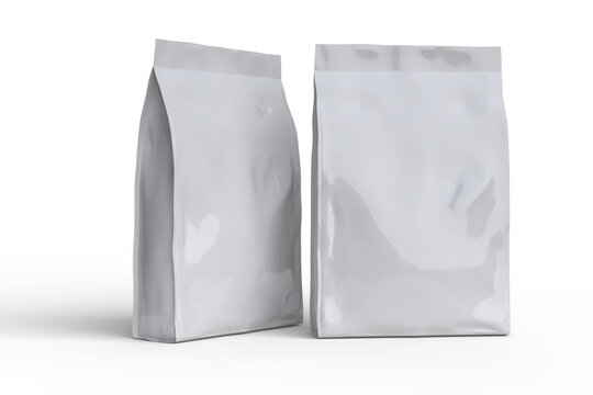 Blank white standing plastic foil pouch mockup, realistic flexible packaging isolated on background for product branding, food packaging design presentation snack wrappers, chips, cookies or pet food