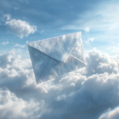 Floating White Envelope in Blue Sky with Soft Clouds Concept of Message and Hope
