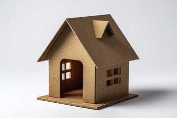 Cardboard house model with clean edges and simple design, eco friendly material used for miniature home mockup, isolated on white background with soft lighting
