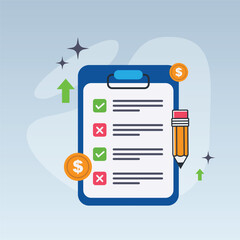 Clipboard with a checklist,  pencil and dollar coin. Financial planning, budgeting tasks, money management and business strategy concept. Cartoon minimal style.