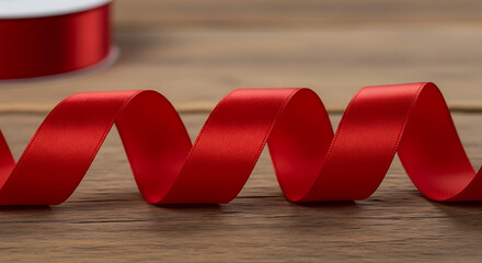 A roll of red satin ribbon on a wooden surface with a spool in the background