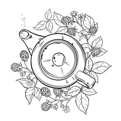 Blackberry Tea in Teapot aroma beverage Outline Illustration. Vector isolated for Design and Decoration for Cafeteria, Posters, Banners, Cards.